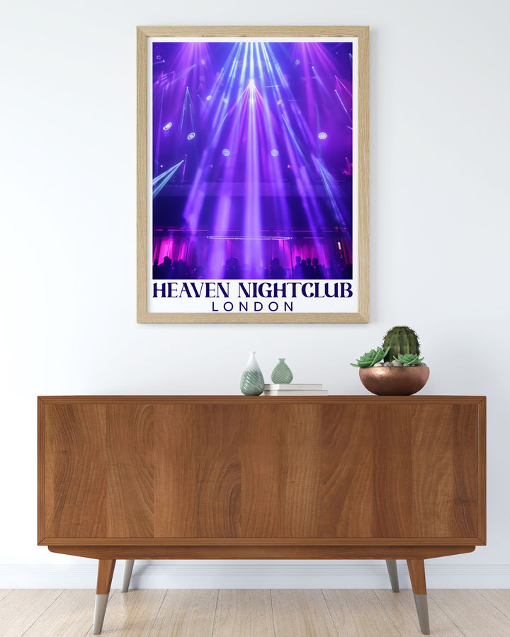 This travel poster captures the vibrant energy of Heaven Nightclub in London, showcasing its historical significance and iconic status.