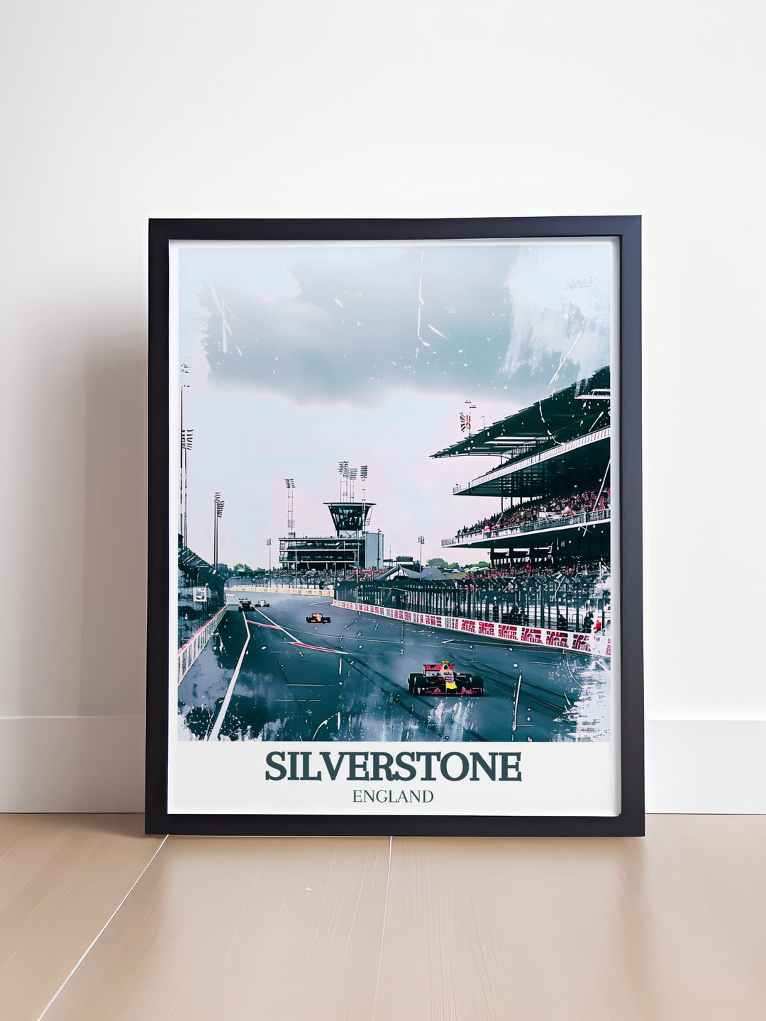 Modern Silverstone Circuit BRDC Grandstand print that highlights the intensity and thrill of motorsport events. The design features a clear depiction of the grandstand and track, making it a perfect choice for enhancing your home with sports themed decor and adding a touch of racing excitement.