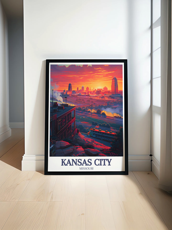 Kansas City wall poster offering a bold and beautiful view of the Power and Light Building. Perfect for urban lovers, this travel art print captures Missouris vibrant city life and brings it right into your living room or office.