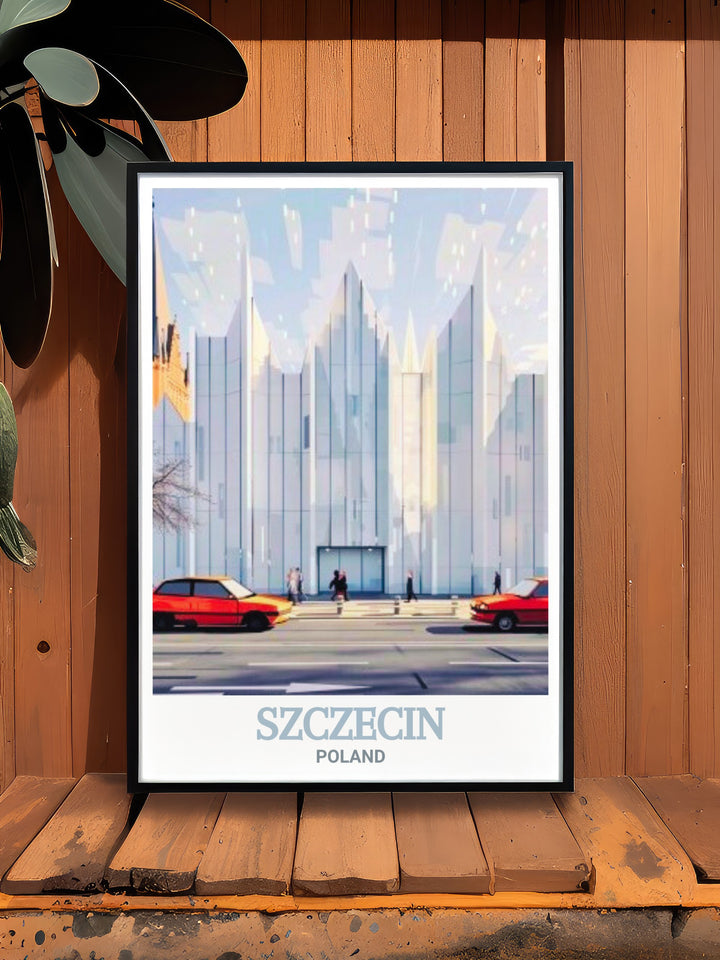 Szczecin Philharmonic poster capturing the bold shapes and clean lines of this modern architectural landmark. This print brings the elegance of Szczecins cultural center into your living space.