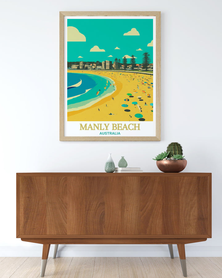 Featuring Manly Beachs iconic coastline, this Manly Beach Travel Poster showcases the beauty of Australias beachside gem. Its the ideal print for beach enthusiasts and travelers alike, adding a touch of serenity to any space.