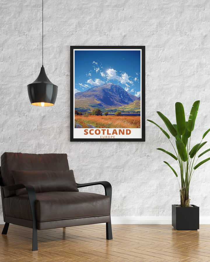 This Loch Lomond travel print offers a vibrant and detailed look at one of Scotlands most famous lakes, set against the backdrop of the Scottish Highlands. A great addition for any lover of Scottish landscapes.