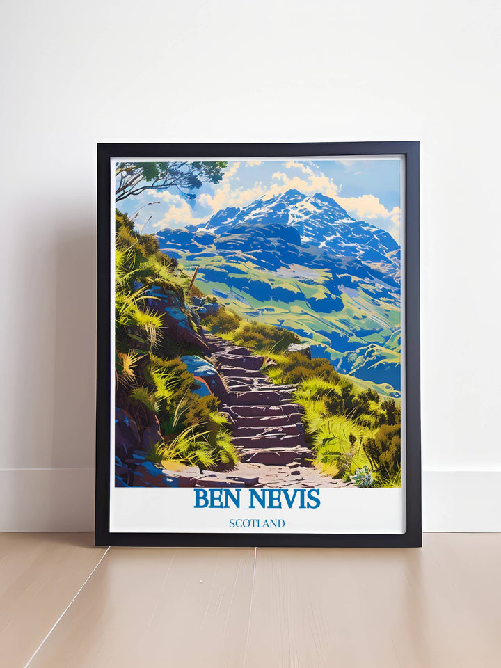 Summer scene at Ben Nevis Steps in a vibrant wall art, displaying the lush greenery and active wildlife around the path