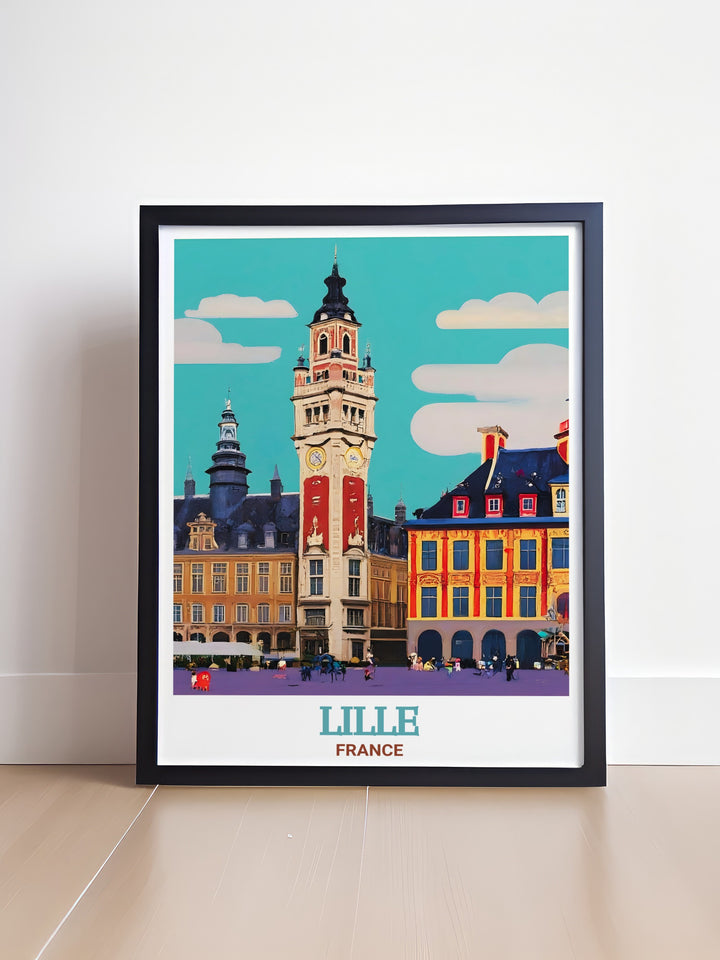 A beautifully detailed poster print of Lille, France, highlighting the citys historical architecture and vibrant streets. Featuring Grand Place as a central landmark, this travel artwork is ideal for those who love French culture and want to bring a piece of France into their home decor.