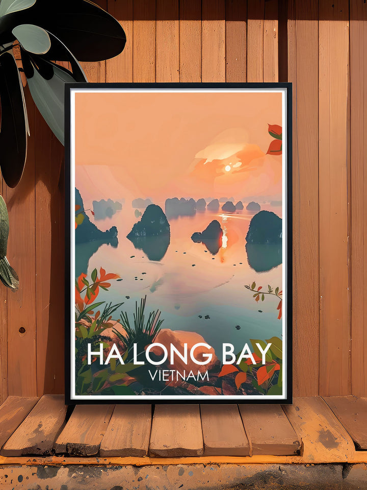 An intricate depiction of Dragon Tails Island and the surrounding bay, this art print showcases the stunning natural scenery of Ha Long Bay, bringing the beauty of Vietnam into your living space.