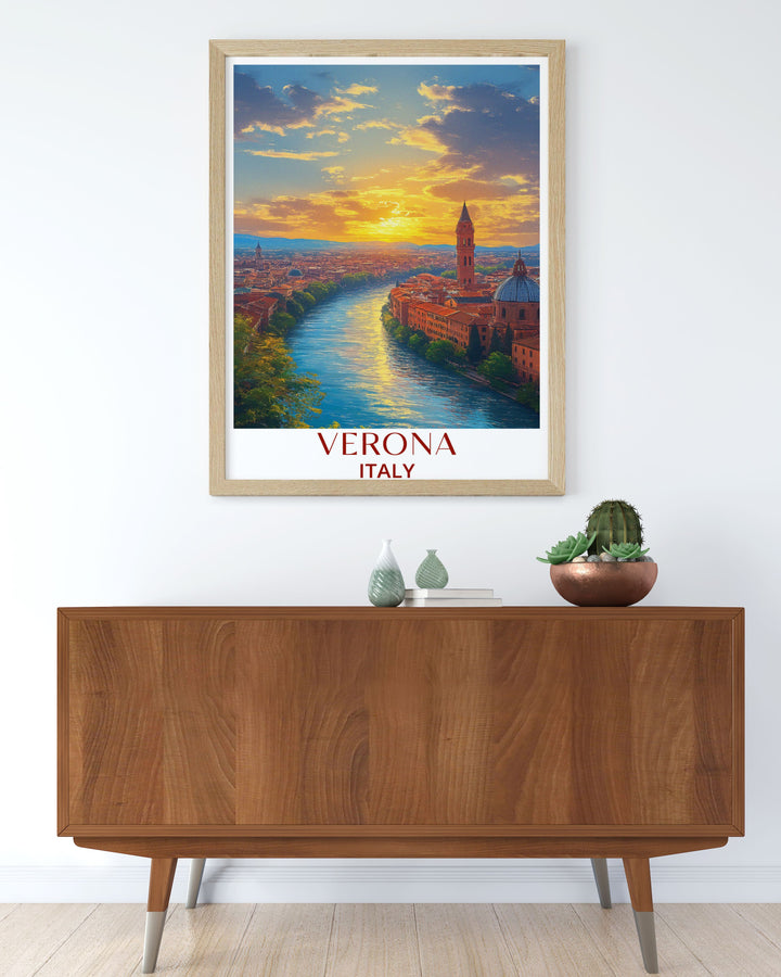Enhance your living space with the scenic beauty of Verona and Castel San Pietro. This vibrant print features detailed depictions of the citys historic landmarks and picturesque views, adding a touch of romance and sophistication to any room.