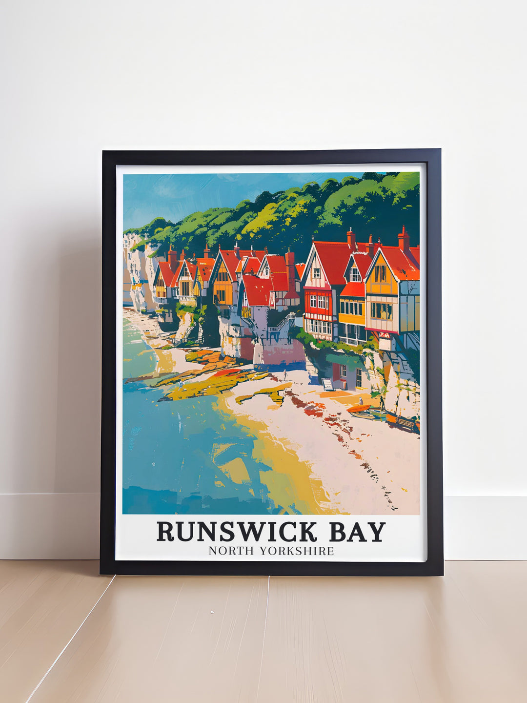 Whitby poster showcasing the beauty of Runswick Beach Whitby an exquisite piece of coastal artwork perfect for living room decor and a thoughtful gift for those who love the sea and countryside capturing the charm of North Yorkshire in a vintage travel print style