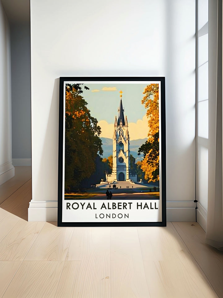 Royal Albert Hall London travel poster featuring stunning architecture and vibrant theatre scene perfect for home decor or as a London gift includes elegant Art Deco design and intricate details of the Albert Memorial