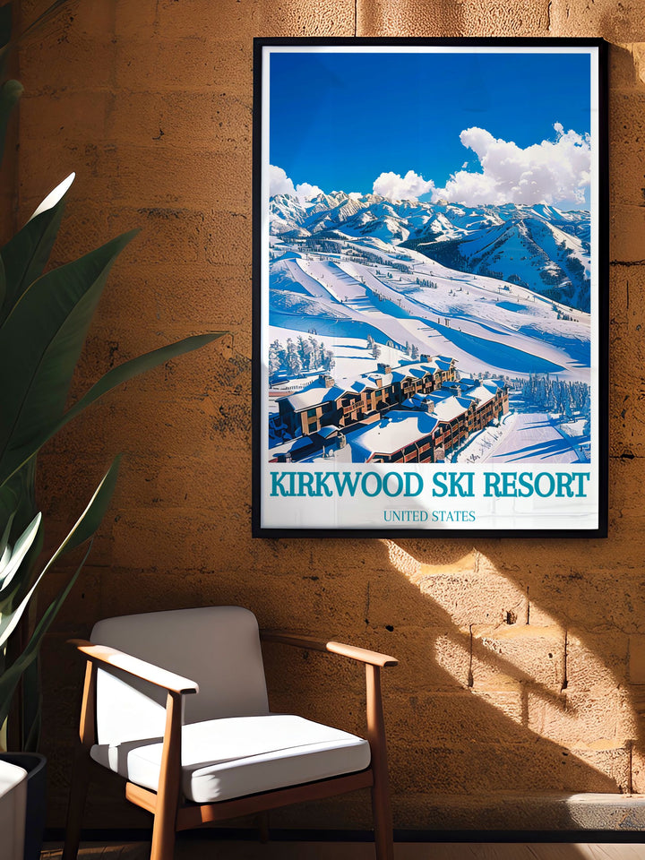 Elegant home decor art featuring Kirkwood Mountain Resort with its scenic snow covered peaks and peaceful winter landscape. This artwork brings a touch of winters tranquility and natural beauty to your living space.