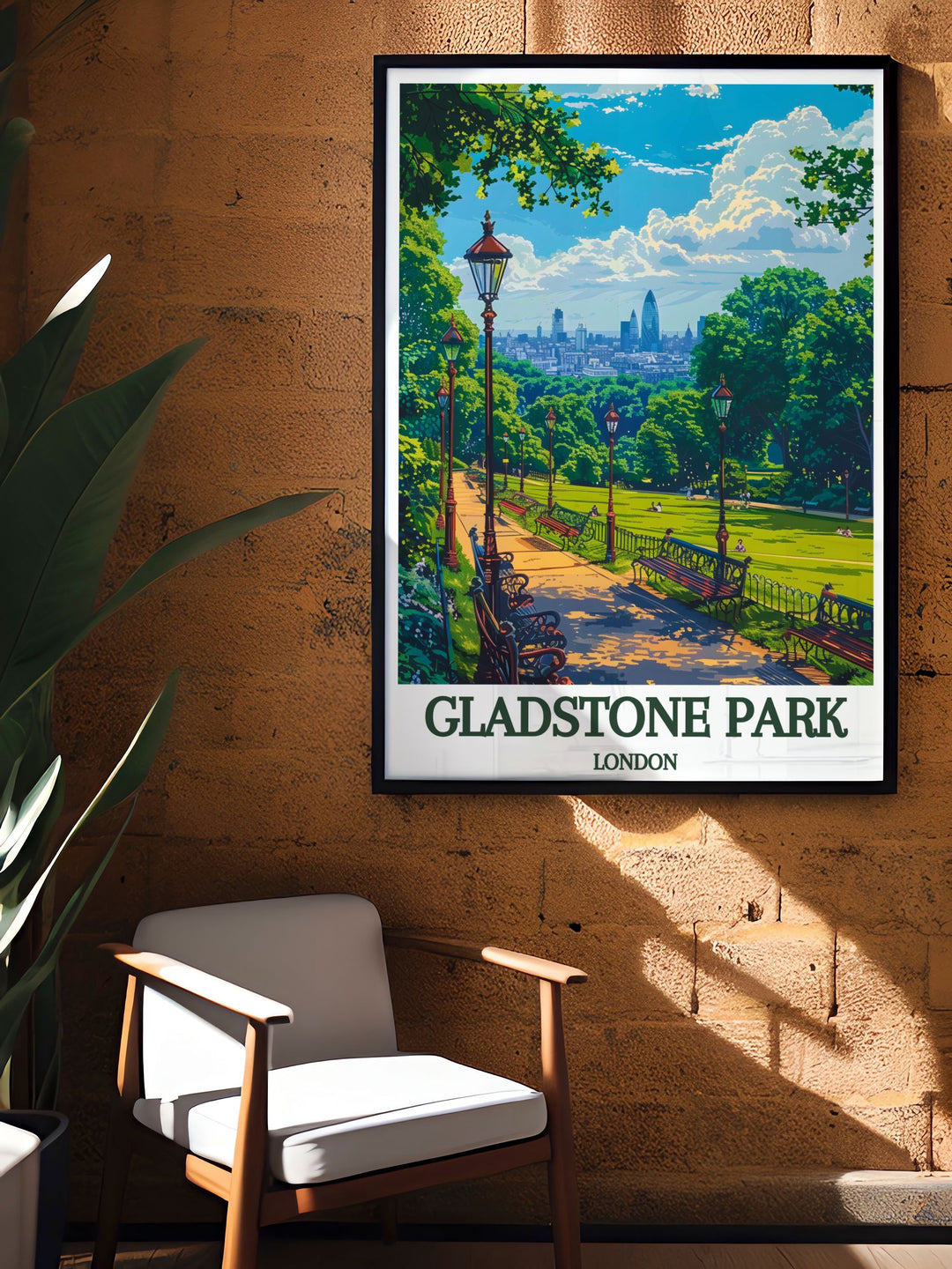 Framed art of Gladstone Park, emphasizing the parks lush landscapes and serene atmosphere, perfect for those who love the natural beauty and historical significance of London parks.