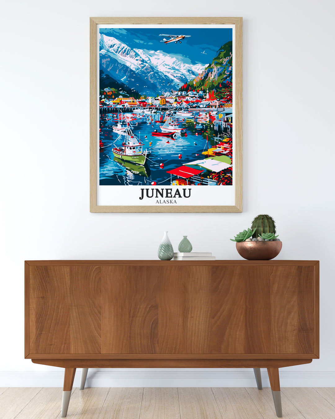 Gastineau Channel travel print featuring the vibrant Juneau harbor and the surrounding natural beauty of Alaskas coastline. This piece reflects the harmony between human life and the wild outdoors, making it an excellent choice for adventurers.