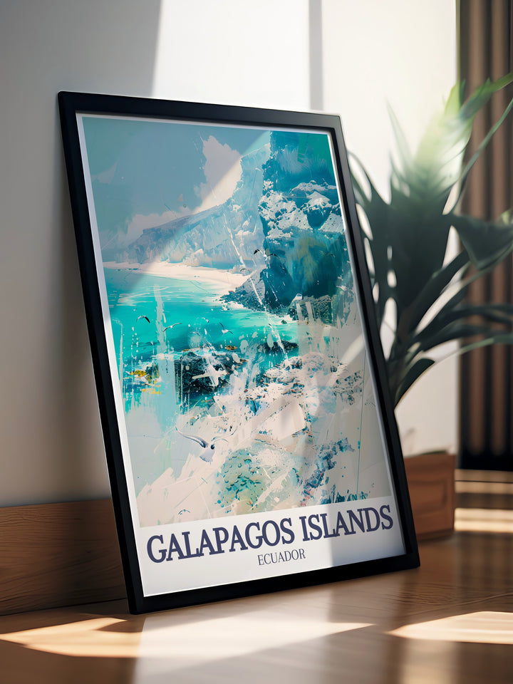 A stunning poster print of the Galapagos Islands featuring Española Island and Tortuga Bay. This travel print captures Ecuadors vibrant ecosystems and pristine landscapes, perfect for nature lovers and adventure seekers.