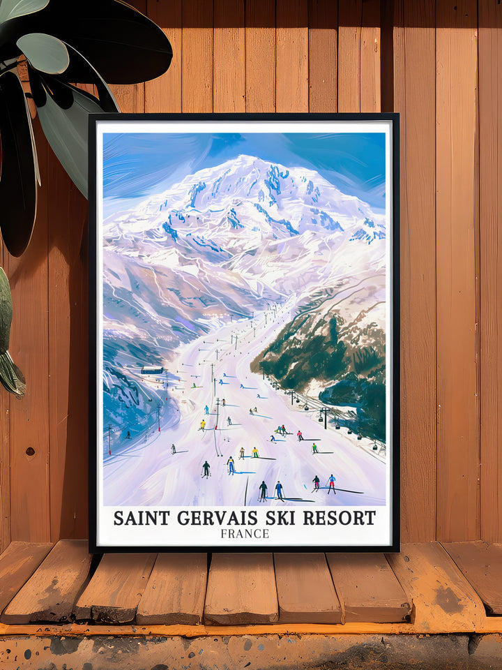 Mont Blanc, the iconic peak of the French Alps, depicted in an art print that highlights its majestic presence. This piece brings the grandeur of Europes highest mountain into your living space, ideal for those who admire alpine landscapes and winter sports.