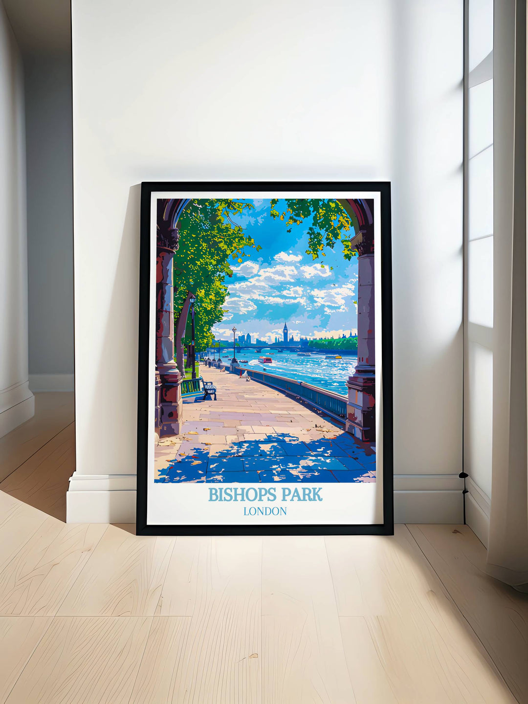 Thames River Walk in London art print featuring detailed landscapes and the calm flow of the river.