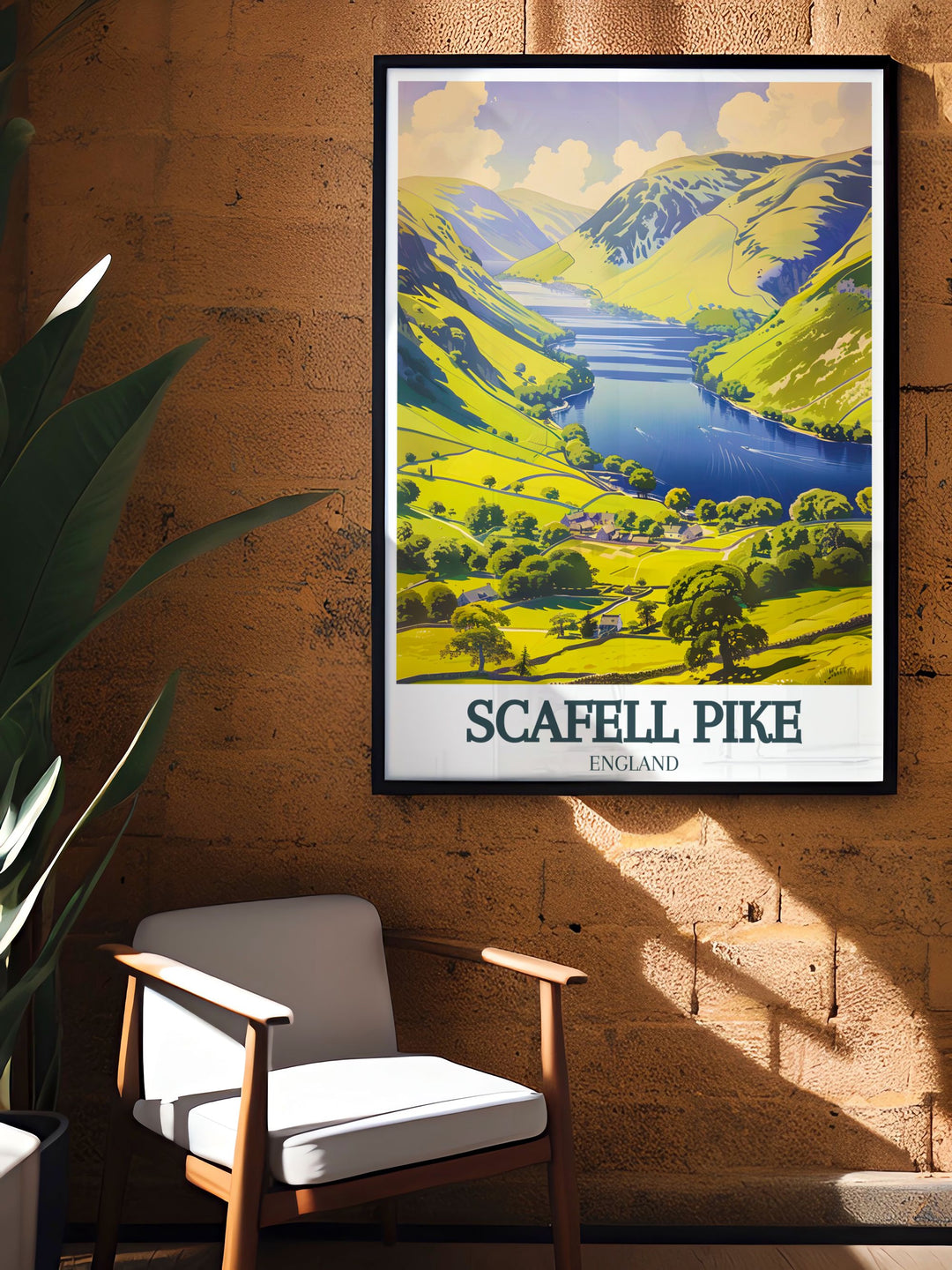 Lake District travel print featuring Scafell Pike and Derwentwater perfect for those who appreciate the beauty of the outdoors and want to add a calming nature illustration to their living room or office space.