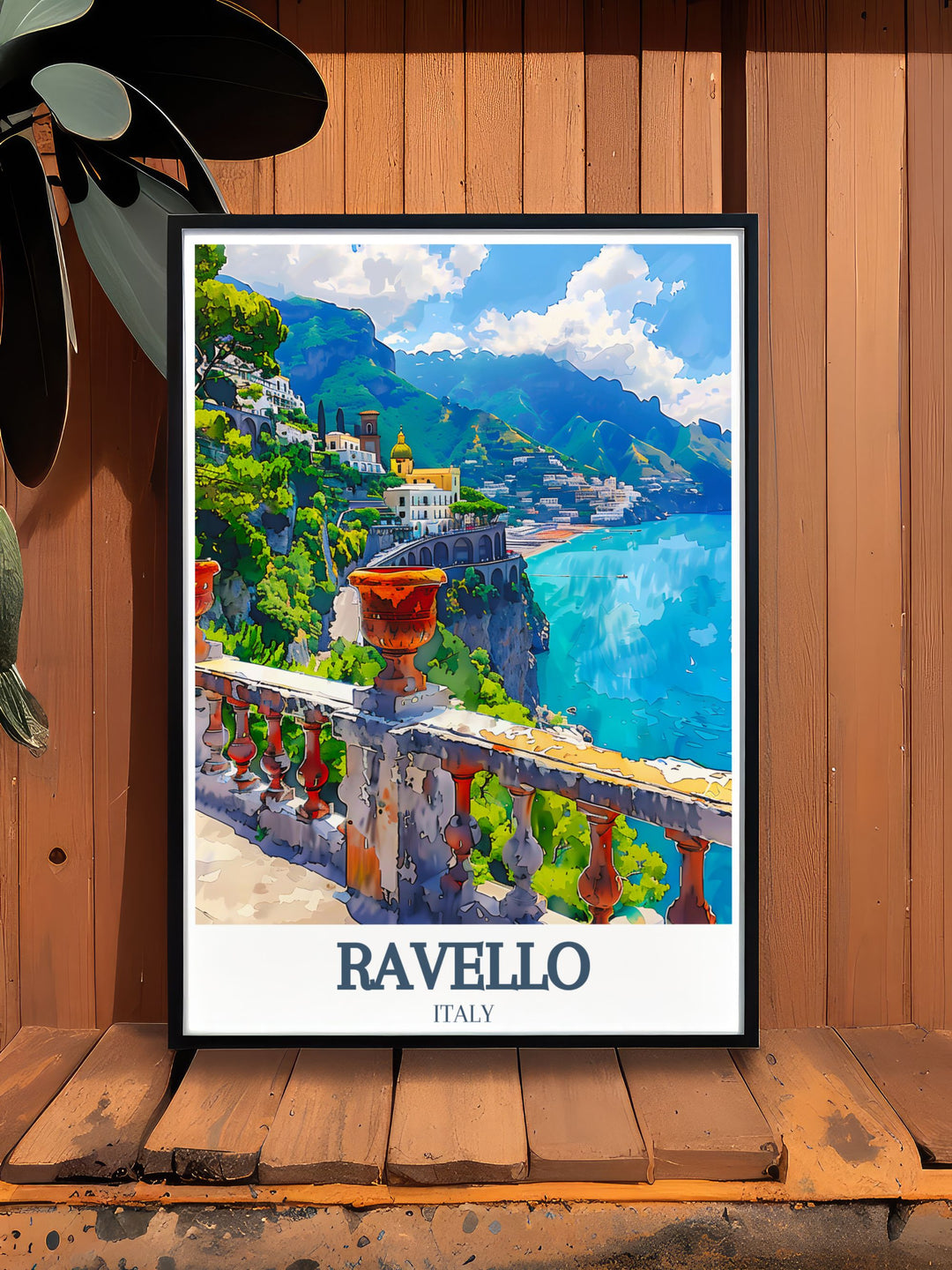 Southern Italy art featuring Villa Rufolo Amalfi coast. This minimalist art print showcases the beauty of the Italian Riviera making it an ideal travel souvenir and addition to your Italy home decor. Perfect for those who appreciate Italian living art