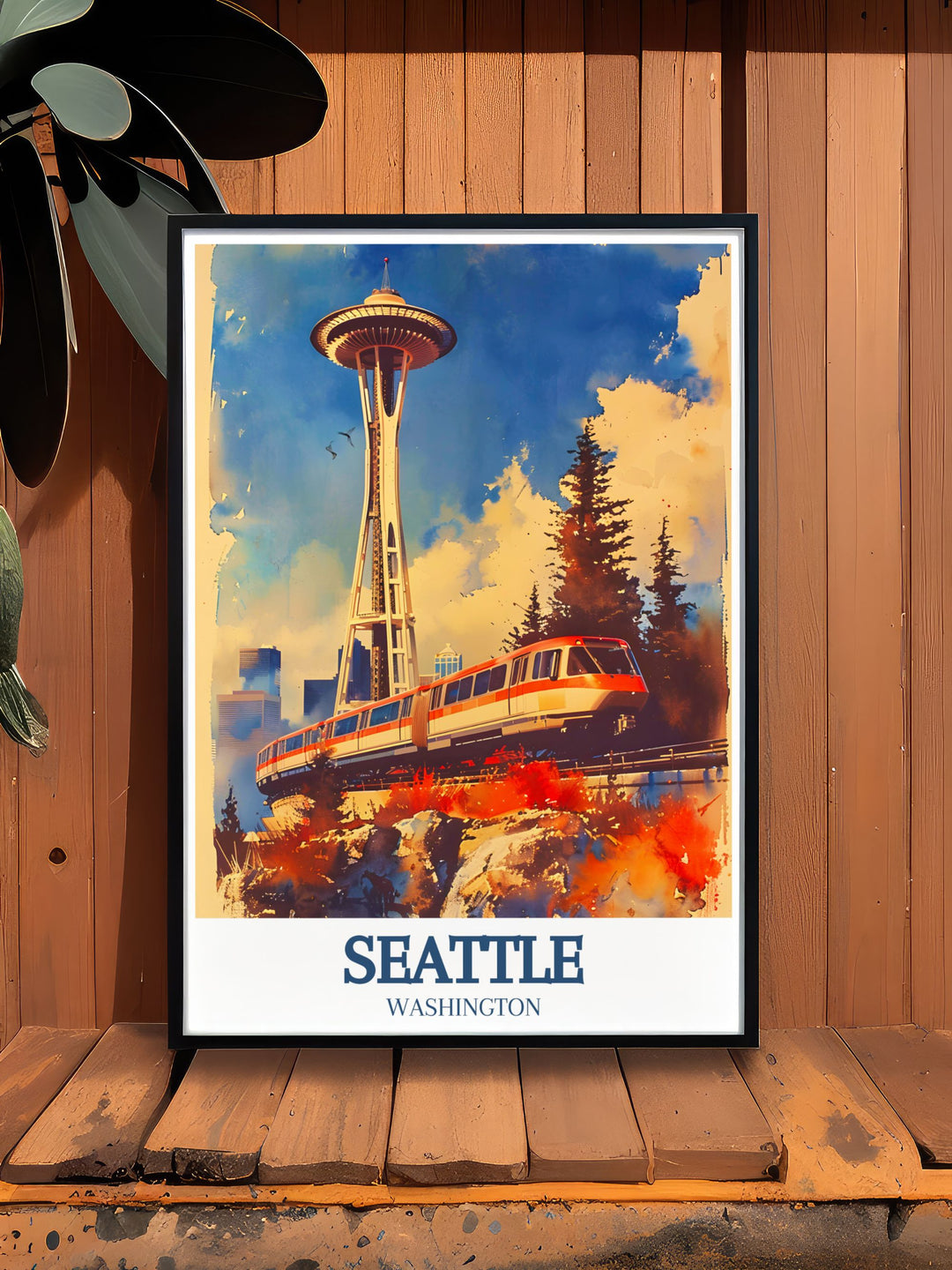 Elevate your room with this stunning Seattle Art Print, showcasing the Space Needle and the Seattle Monorail. Perfect for travelers, this wall art highlights the citys innovative design and breathtaking views, making it a must have for Seattle enthusiasts.