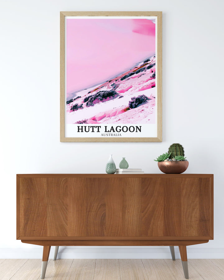 Add a touch of Australias natural beauty to your home with the Hutt Lagoon Travel Poster featuring Western Australia Coral Coast The vivid pinks and tranquil landscape of Hutt Lagoon make this Australia Print a perfect choice for creating a peaceful and elegant decor