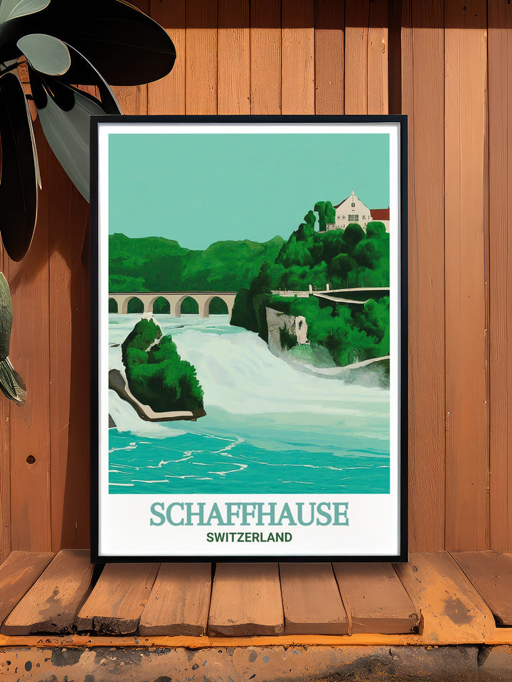 Travel poster of Rhine Falls, Switzerland. A vibrant print capturing the essence of this stunning natural landmark. Perfect for those who appreciate travel art and want to bring a piece of Switzerland into their home decor.