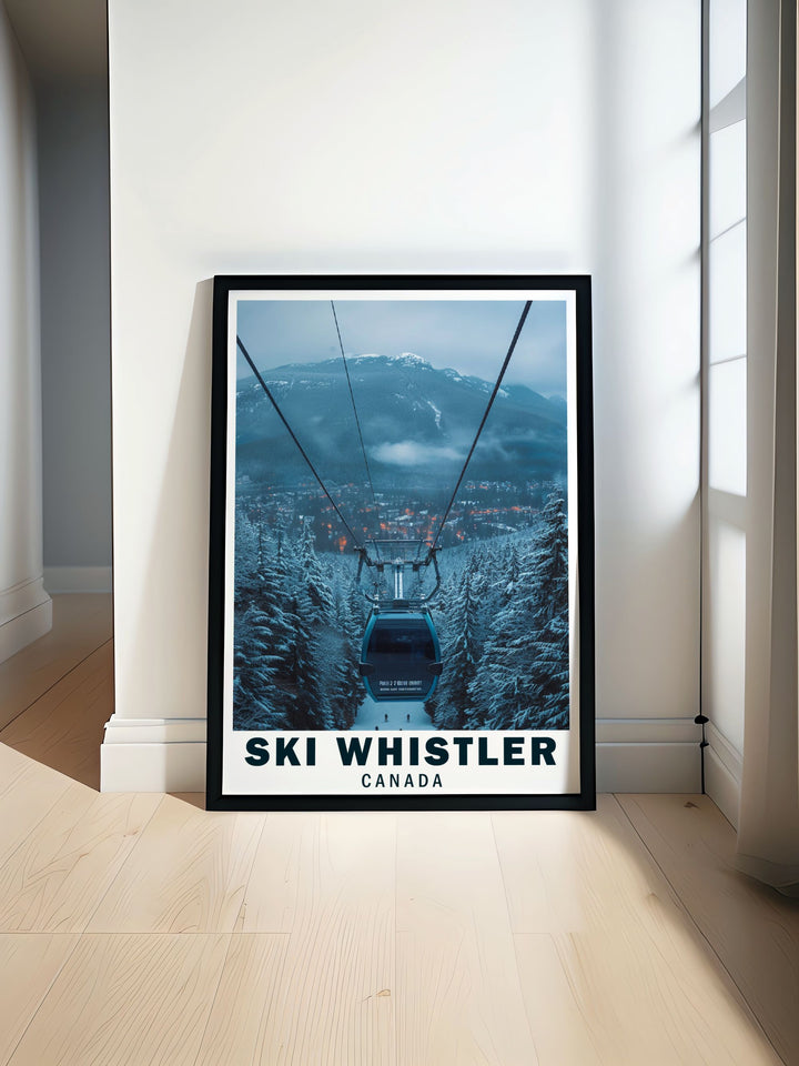 This Whistler Ski Resort travel print showcases the legendary Peak 2 Peak Gondola, blending breathtaking mountain landscapes with the thrill of winter sports. Add a touch of Canadas alpine beauty to your wall décor with this high quality poster, perfect for gifts and home décor.