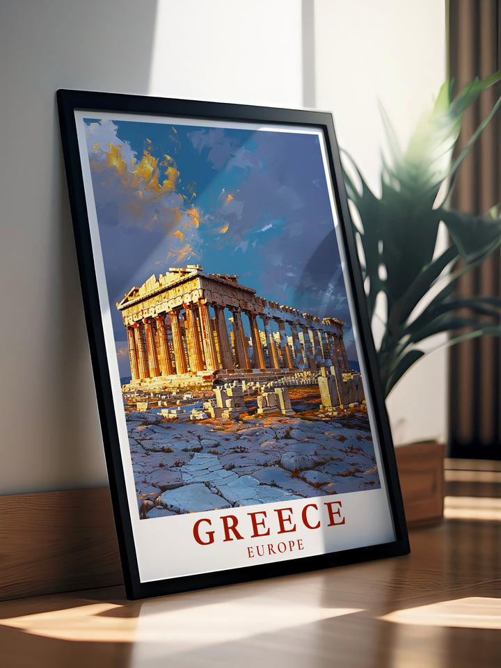 Capturing the iconic Acropolis of Athens, this art print offers a stunning look at one of the worlds most famous landmarks. Perfect for anyone with a passion for Greek culture or history, this wall art will enhance any home or office space.