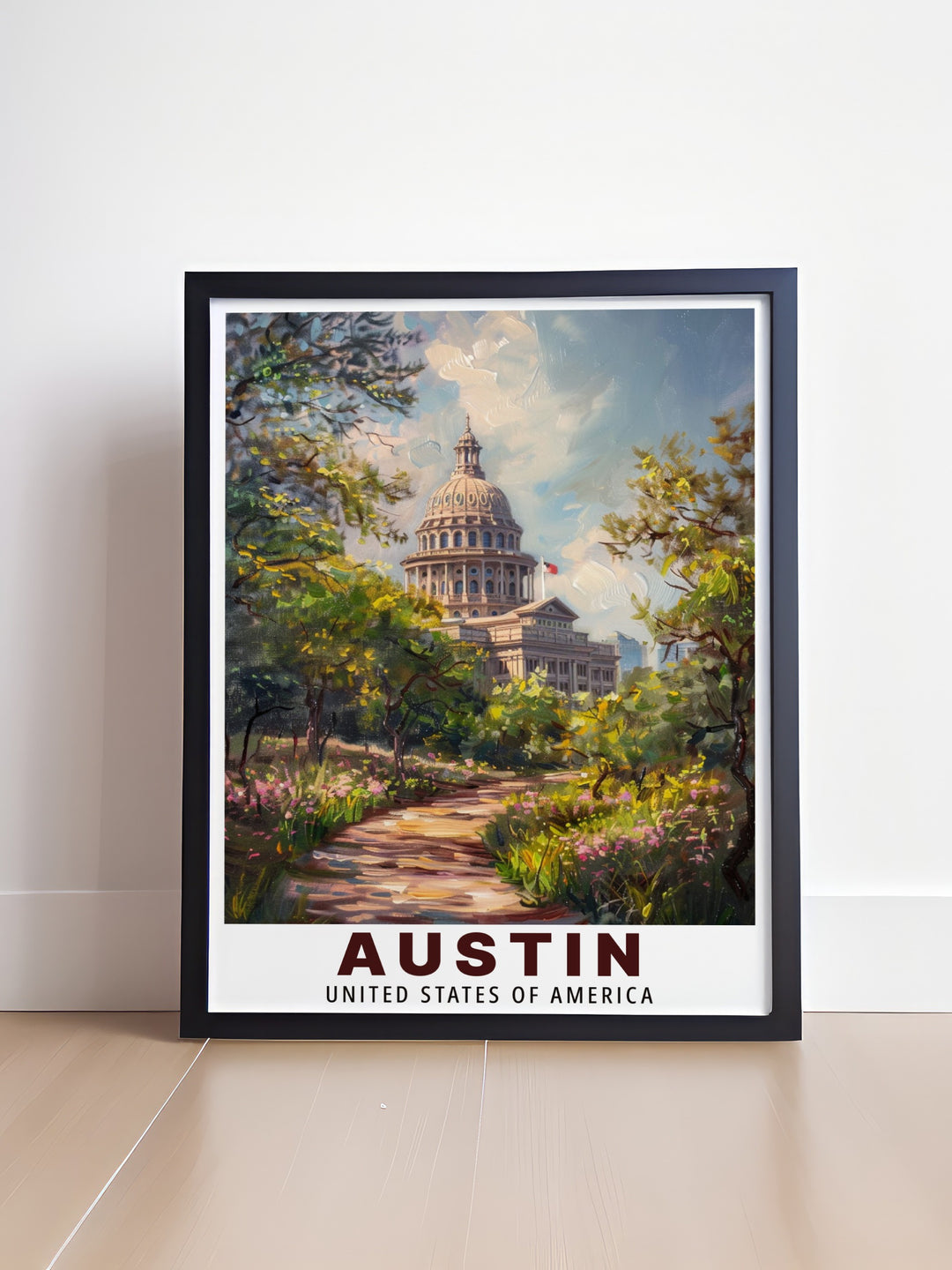 Austin City Limits inspired print paired with Texas State Capitol stunning prints offering a blend of contemporary art and historical significance for your wall decor collection