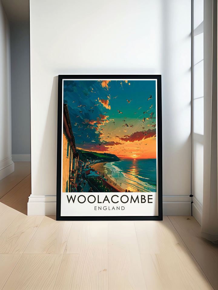 Stunning Woolacombe Esplanade art print featuring the serene beauty of Devon perfect for modern home decor and living room decoration ideal gift for anyone who loves coastal landscapes and the peaceful ambiance of Woolacombe