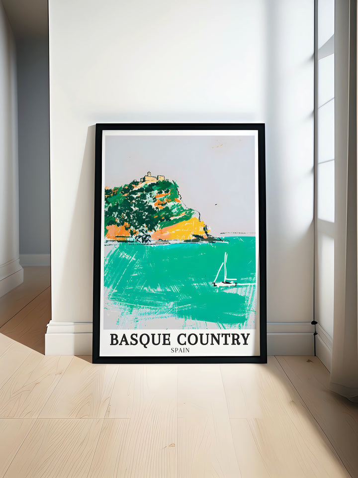 A framed art poster that highlights the beauty of Spains Basque Country, focusing on the coastal cliffs and Gaztelugatxe Hermitage. This artwork brings together the natural splendor and cultural heritage of one of Spains most breathtaking landmarks.