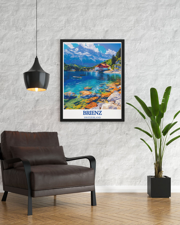 Lake Brienz, Brienzer Rothorn framed print featuring stunning Swiss landscapes. Ideal for those who love retro travel posters and vintage travel prints. Beautiful addition to any wall art collection.