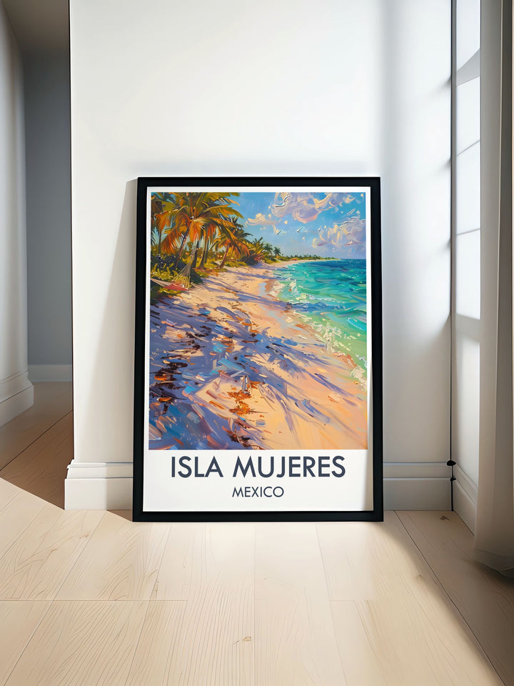 Gallery wall art of Playa Norte, highlighting its pristine sandy shores and vibrant marine life, perfect for creating a peaceful and relaxing atmosphere in your space.