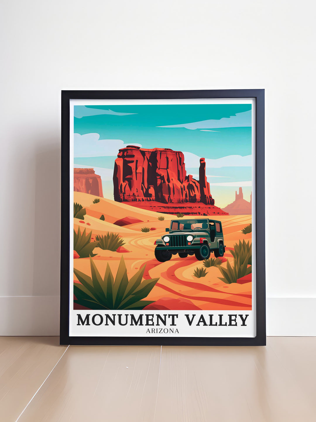 Discover the beauty of Monument Valley with this Arizona Poster featuring Merrick Butte 17 mile Valley Drive ideal for nature lovers and travelers looking to bring a touch of the desert into their home decor.