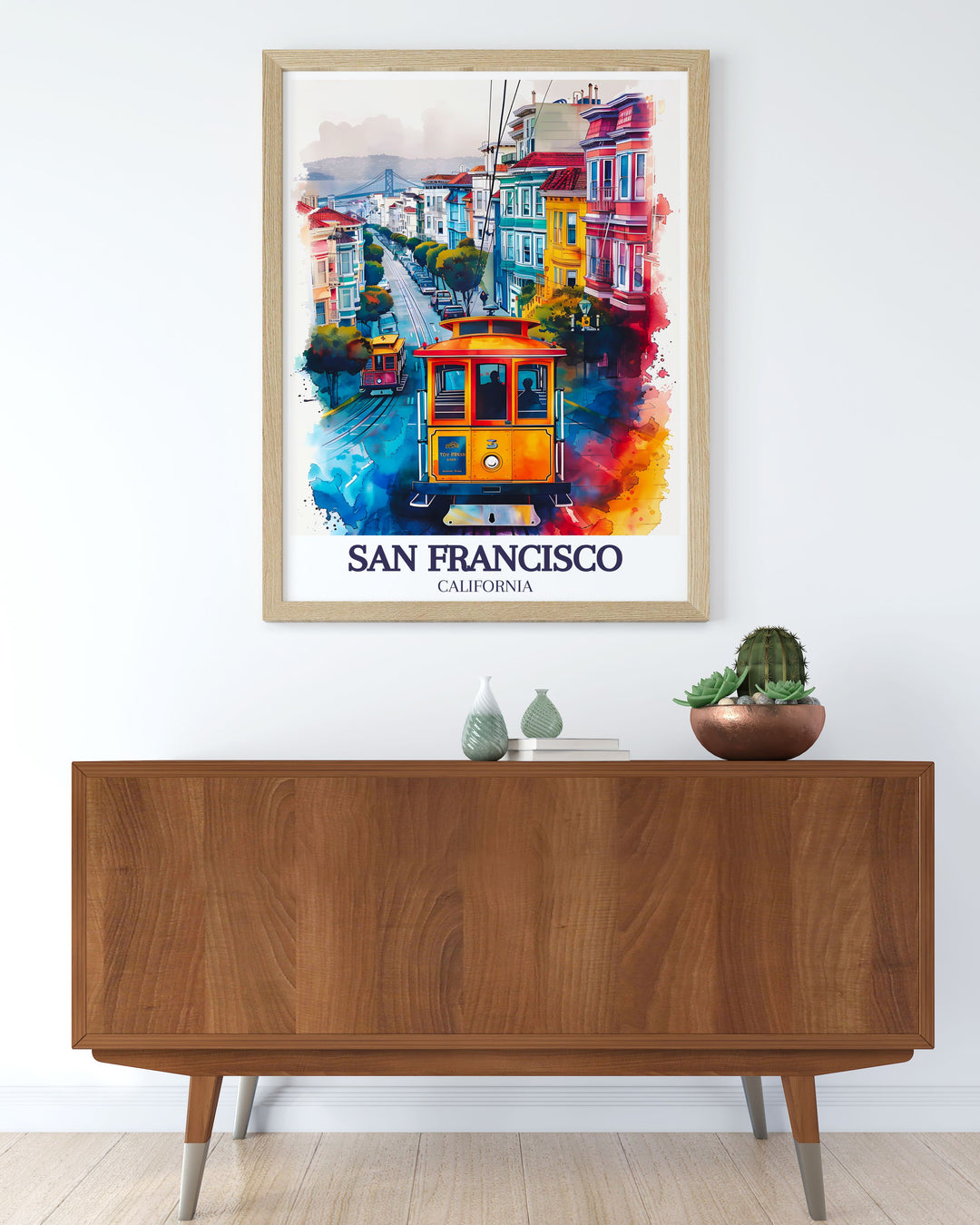 This travel print features Taylor Street with its iconic hills and the Golden Gate Bridge in the distance, showcasing San Franciscos unique character and architectural beauty. A great addition to any modern decor.