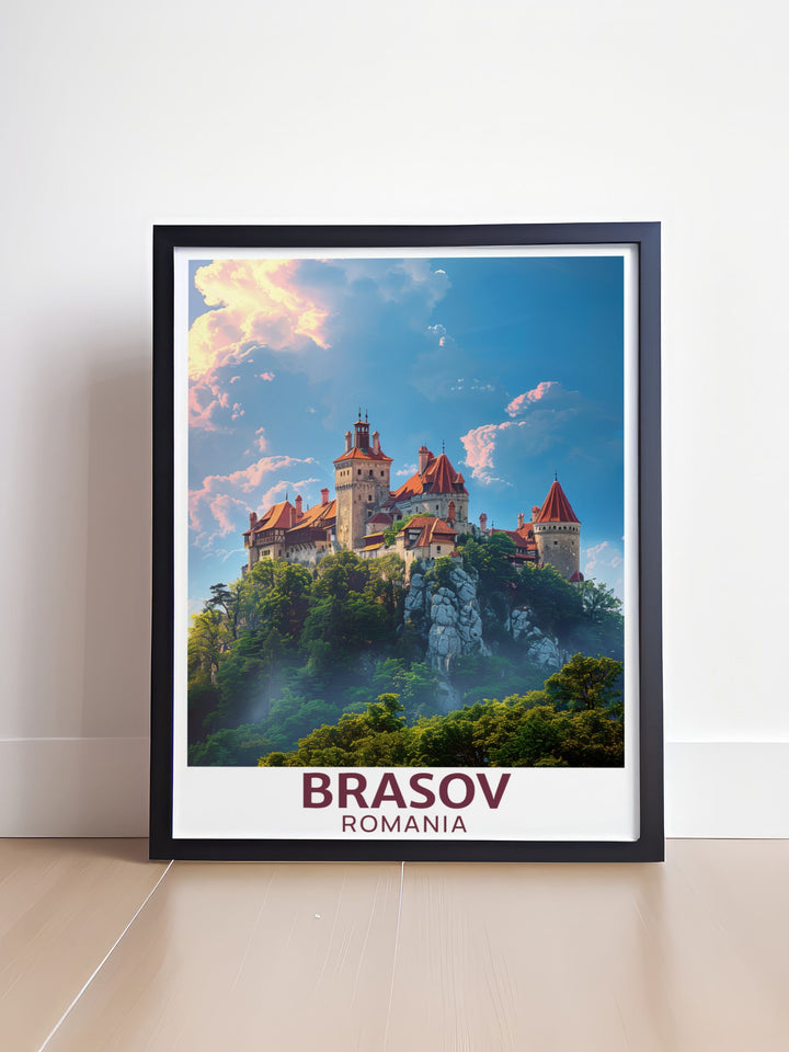 Detailed travel print of Brasov Romania capturing the essence of the city with a special focus on Bran Castle. An ideal addition to your art collection or living room decor.