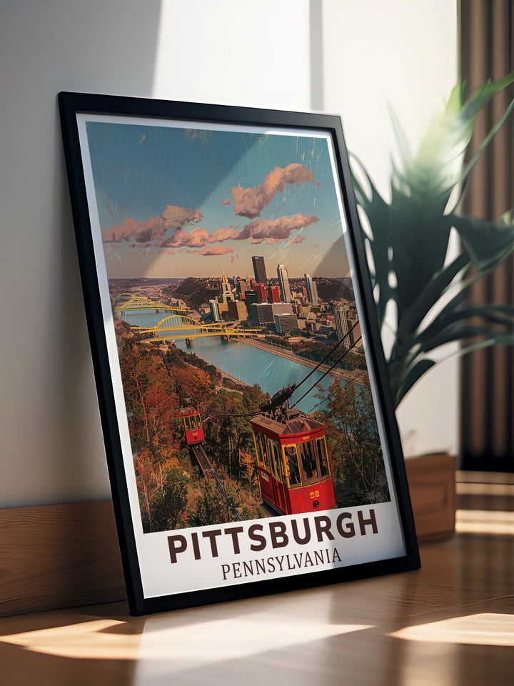 Black and white print of Pittsburgh featuring the Duquesne Incline in fine detail. This Pittsburgh wall art is perfect for minimalist décor, capturing the citys essence with its striking architectural elements and the historical incline.