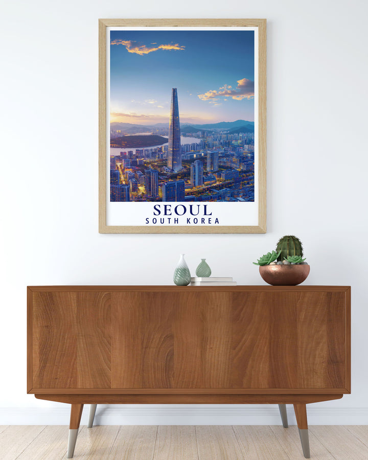 This poster of the Lotte World Tower and Seouls skyline celebrates the unique blend of traditional and contemporary elements, highlighting the rich history and modern charm of South Koreas capital.