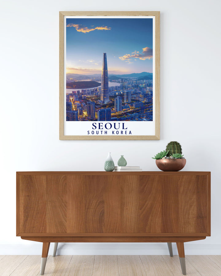 This stunning Seoul Poster Print features the towering Lotte World Tower, a masterpiece of modern architecture in South Korea. The detailed design of the building, combined with the vibrant Seoul cityscape, makes this print perfect for anyone who loves urban landmarks and elegant décor.