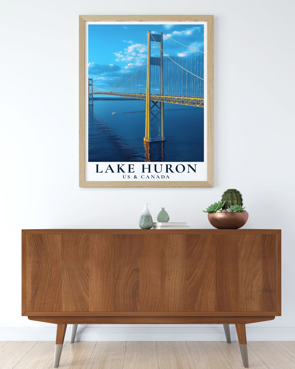 Add elegance to your home with this Lake Huron print featuring the Mackinac Bridge. This beautiful artwork portrays tranquil waters and picturesque landscapes making it a perfect addition to your decor and an ideal gift for special occasions