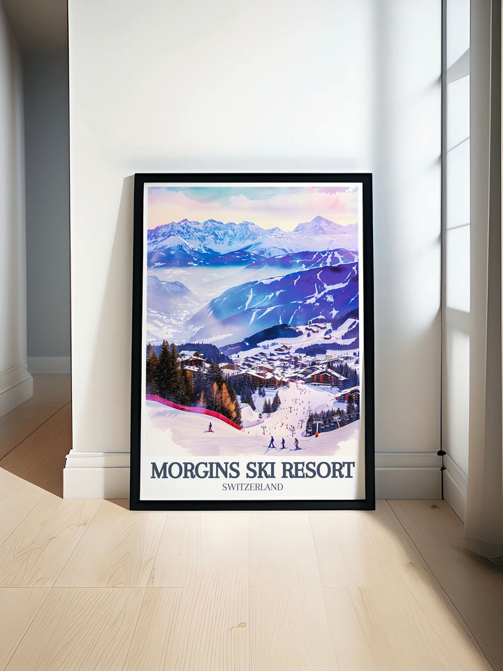 Add a vintage touch to your décor with this Morgins Ski Resort Poster. The print features the stunning slopes of the Swiss Alps and the charm of Morgins Village, making it a great choice for ski enthusiasts and travelers alike.