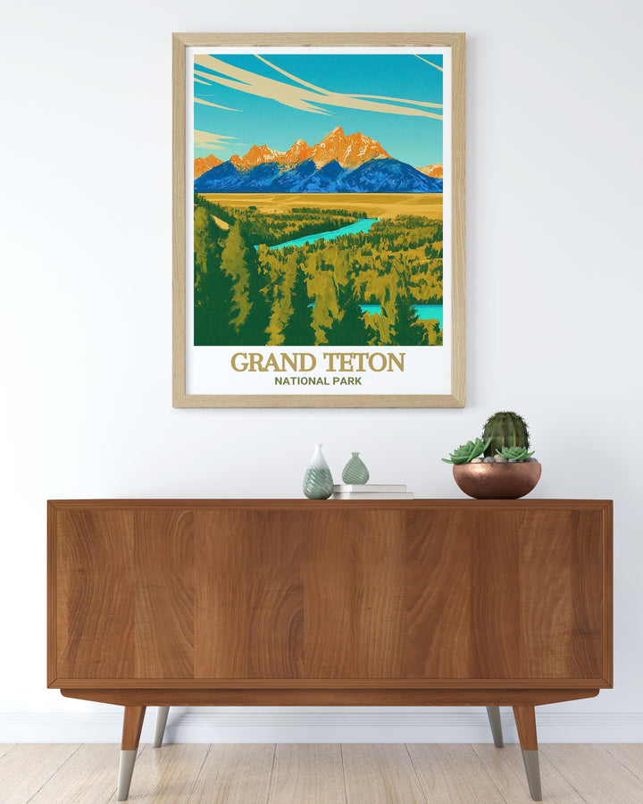 A detailed National Park print showcasing the breathtaking scenery from Snake River Overlook, with the Grand Teton mountains rising above the tranquil Snake River. This print brings the grandeur and serenity of one of Americas most famous national parks into your living space.