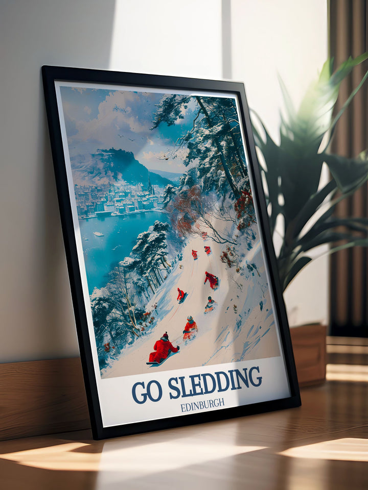 Celebrate the beauty of Edinburgh in winter with this Go Sledding Poster Print. Featuring Arthurs Seat covered in snow, this print is perfect for anyone who enjoys the thrill of sledding and outdoor adventures.