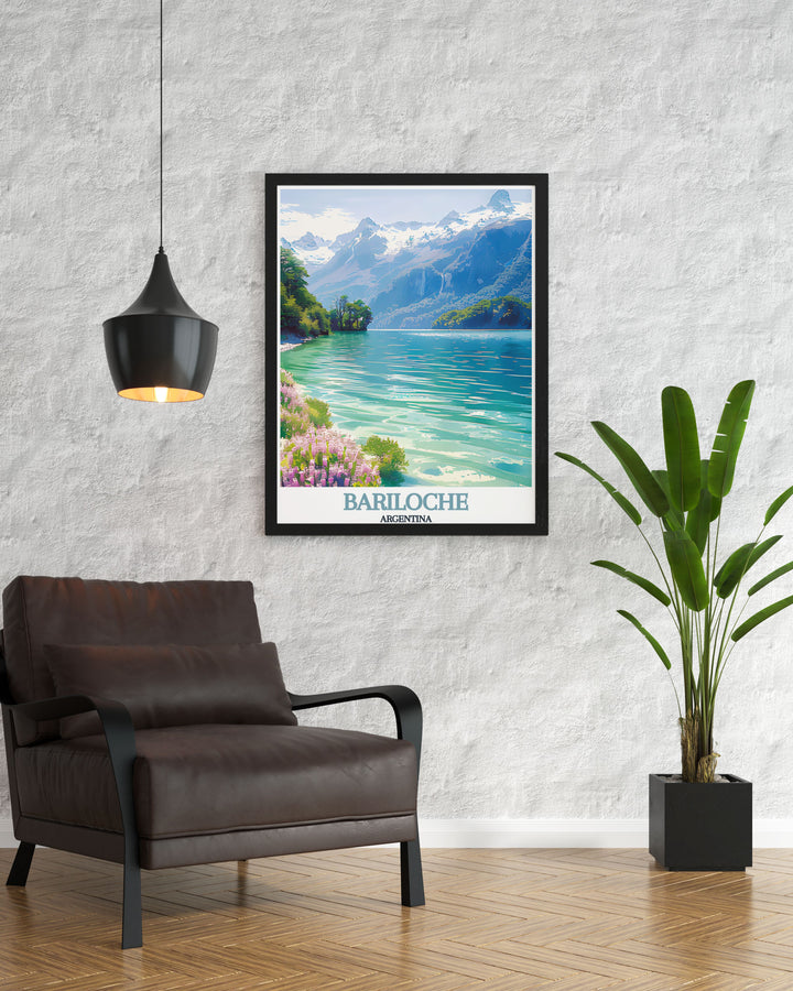 Elegant Argentina wall art depicting the enchanting Bariloche and the majestic Nahuel Huapi Lake. This piece highlights the contrast between the historic town and the natural landscapes, adding a charming yet adventurous touch to any room.
