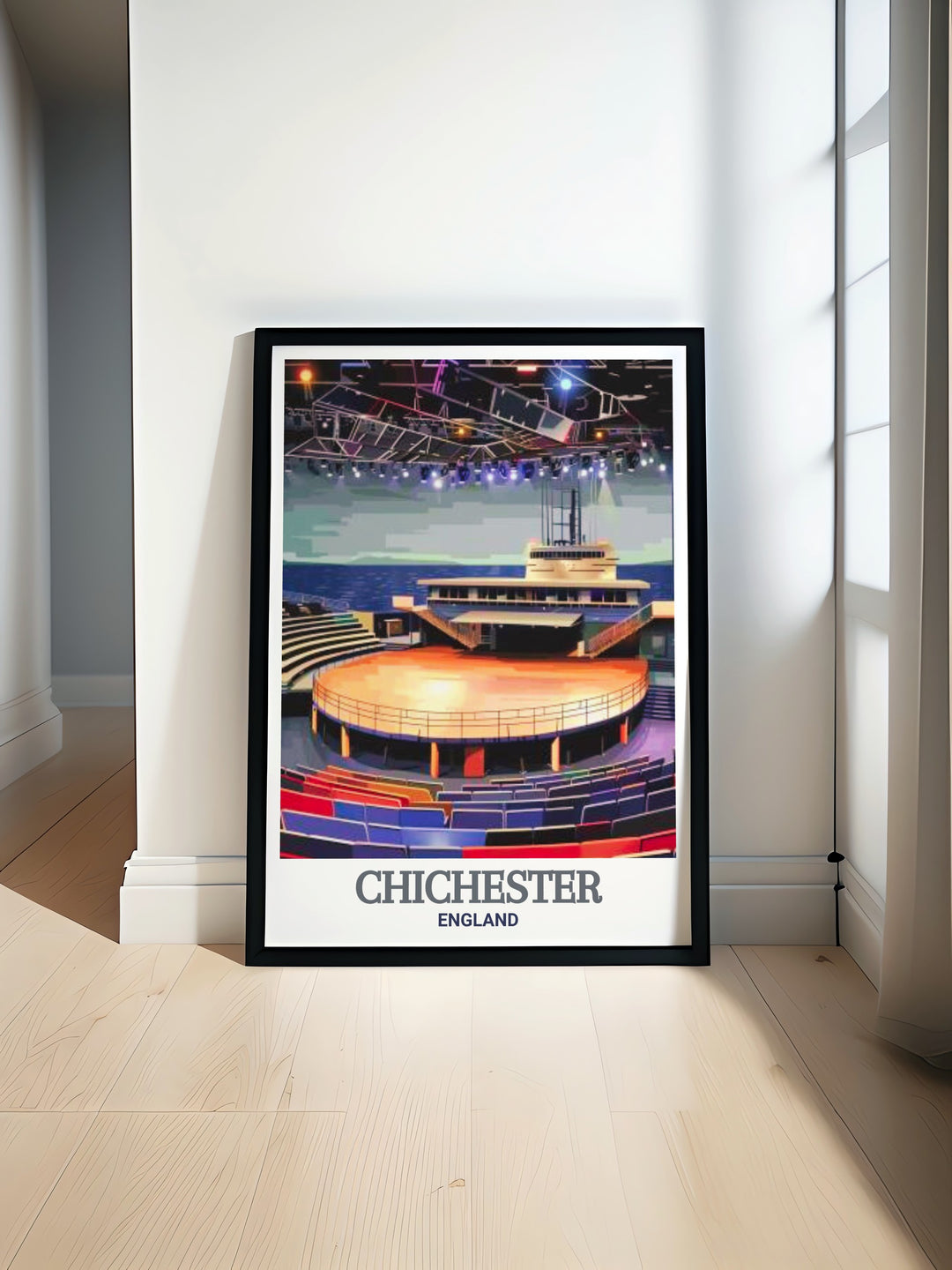 Add a touch of culture and nature to your decor with this travel poster, featuring the iconic Chichester Festival Theatre and the serene Chichester Harbour, perfect for lovers of English landscapes and cultural landmarks.