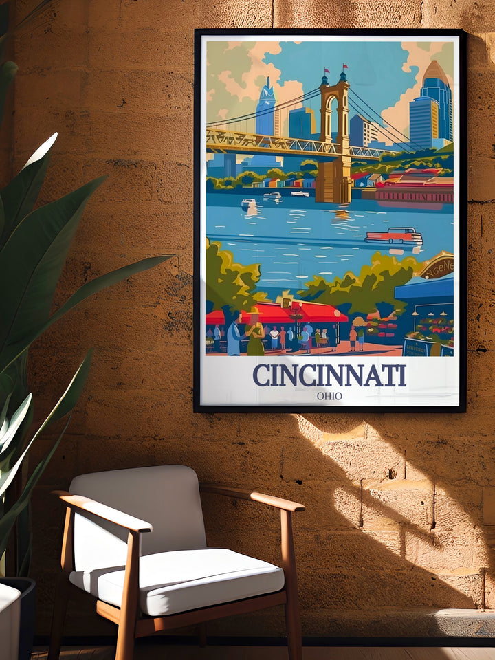 Elegant Cincinnati Poster with a focus on Ohio River and Findlay Market capturing the beauty of the citys iconic landmarks in fine line prints and street maps offering a perfect home decor addition or thoughtful gifts for occasions such as Fathers Day or Mothers Day