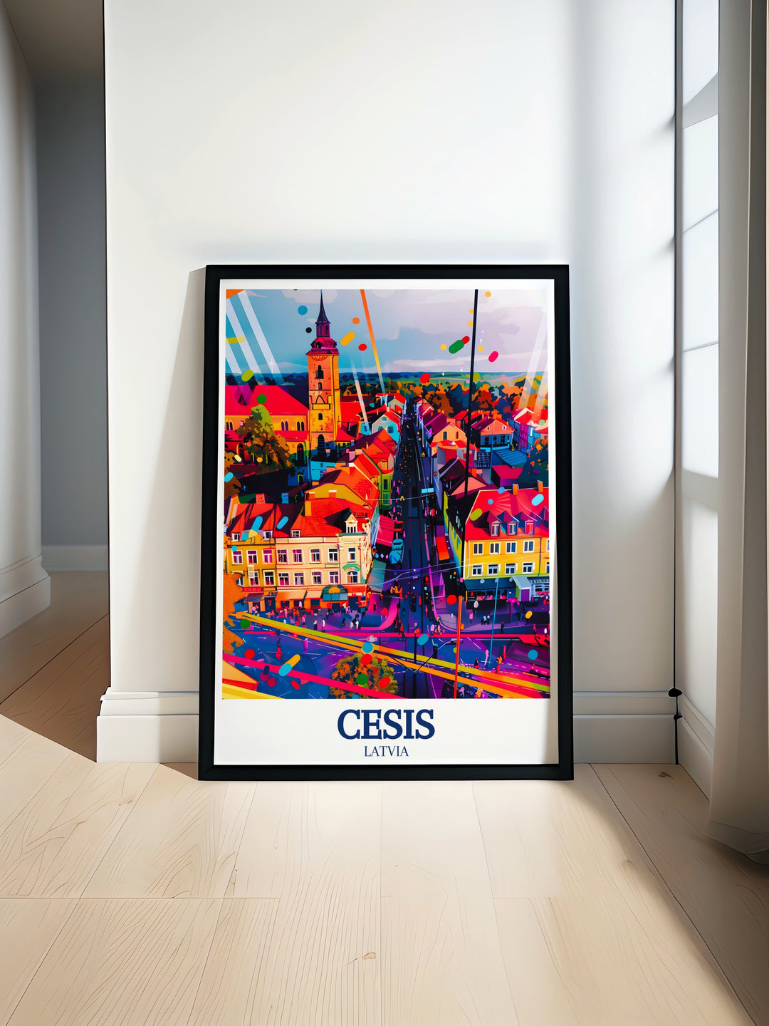 A detailed poster print of Cēsis, Latvia, showcasing the historical charm of Cēsis Old Town and the Gothic splendor of St. Johns Church. This travel poster captures the essence of Latvian history, making it a perfect addition to any art collection.