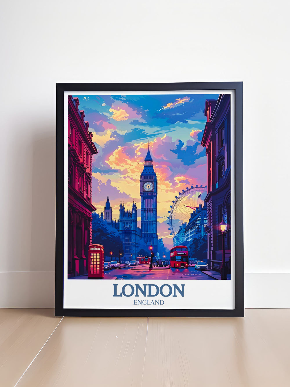 Framed print of Big Ben and London Eye capturing the grandeur of Londons most famous landmarks. This perfect wall decor piece enhances any living room with its detailed and stylish portrayal of these architectural icons