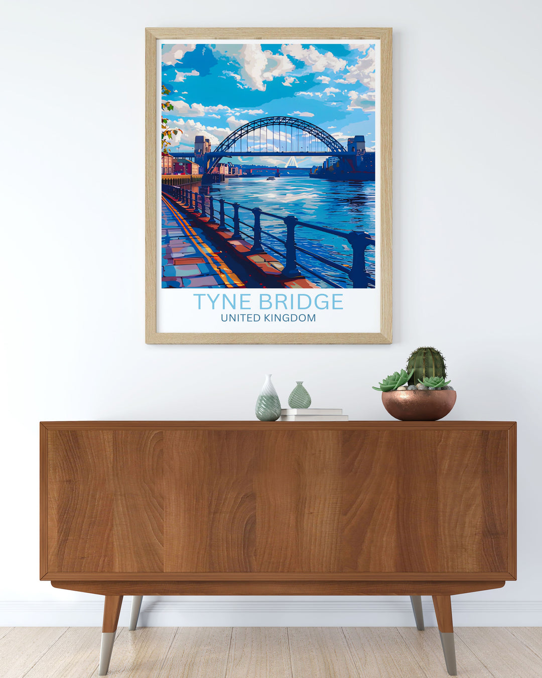 Tyne Bridge Poster highlighting Newcastle Upon Tynes Quayside with a view of Sage Gateshead and Millennium Bridge. A perfect choice for those looking to enhance their home with a piece of Newcastles rich history and modern architectural brilliance