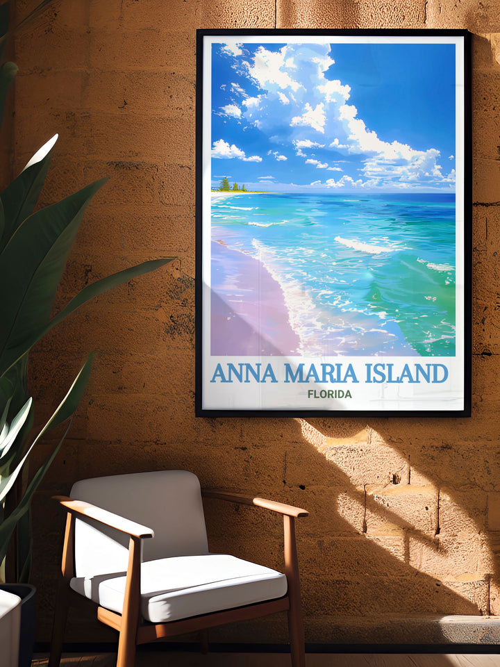 Bean Point Beach Florida artwork offers a tranquil coastal vibe perfect for any living room or bedroom. This Florida travel print showcases the peaceful scenery of Anna Maria Island making it a beautiful addition to your collection of travel posters and home decor.