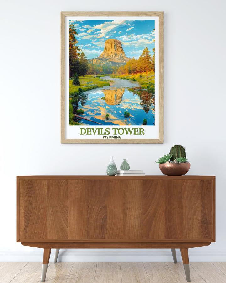 Devils Tower Wyoming wall art featuring the Belle Fourche River in a beautiful framed print. This stunning decor brings the wonders of nature into your home while offering an elegant and timeless art piece that complements various styles of interior design.