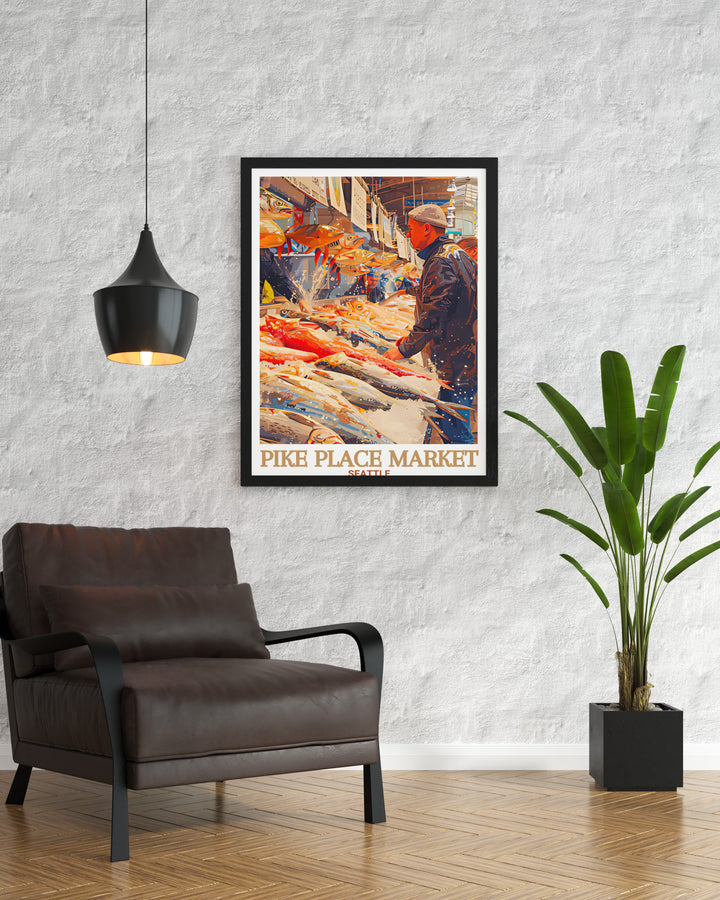 Stunning living room decor print of Seattles Pike Place Market and Fish Market bringing the iconic landmarks into your home with vivid colors and detailed artwork ideal for travel print collectors and Seattle enthusiasts