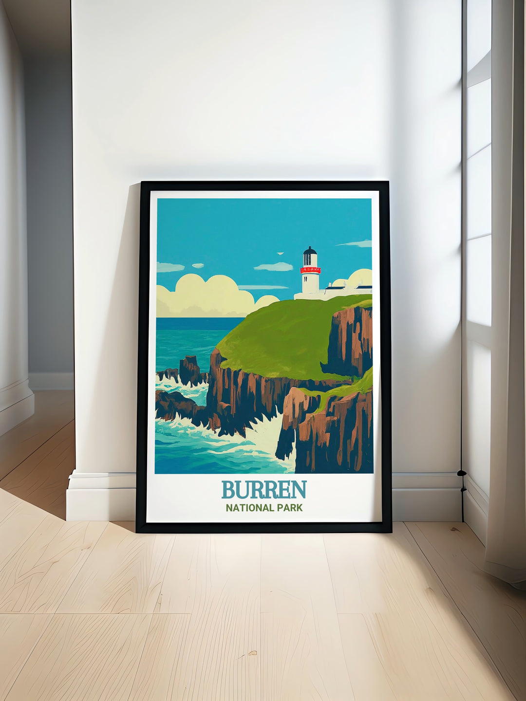 This Burren National Park art print highlights the intricate details of Irelands unique limestone formations, with wildflowers adding a touch of color to the rugged landscape. Perfect for those who love natural history and geological wonders.